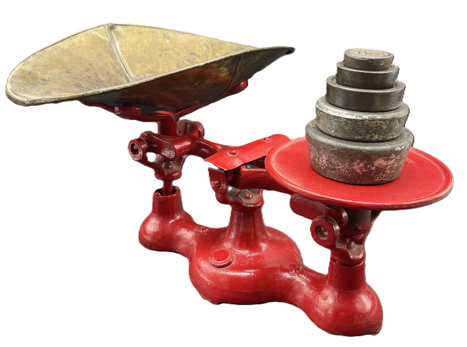 Antique Red Cast Iron General Store Candy Balance Scale with Basket #4: Date/Period: unknown Dimension: basket 12" x 7.75", scale 6.75" x 10" x 6" Material: cast iron Additional Information: Primitive General Store Balance Scale marked #4 Shipping: Domestic: Flat-rate of