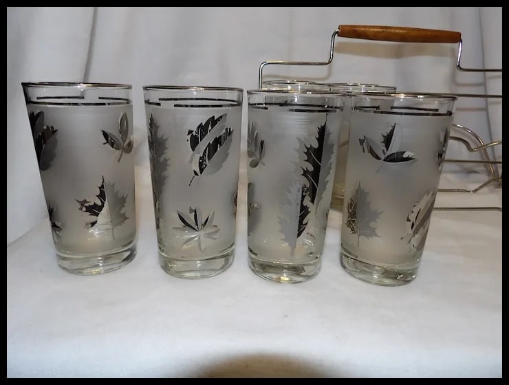 Libbey Mid-Century Silver Leaf Set of 8 Highball Glasses & Chrome Carrier With Wood Handle - 3