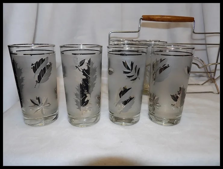 Libbey Mid-Century Silver Leaf Set of 8 Highball Glasses & Chrome Carrier With Wood Handle - 4