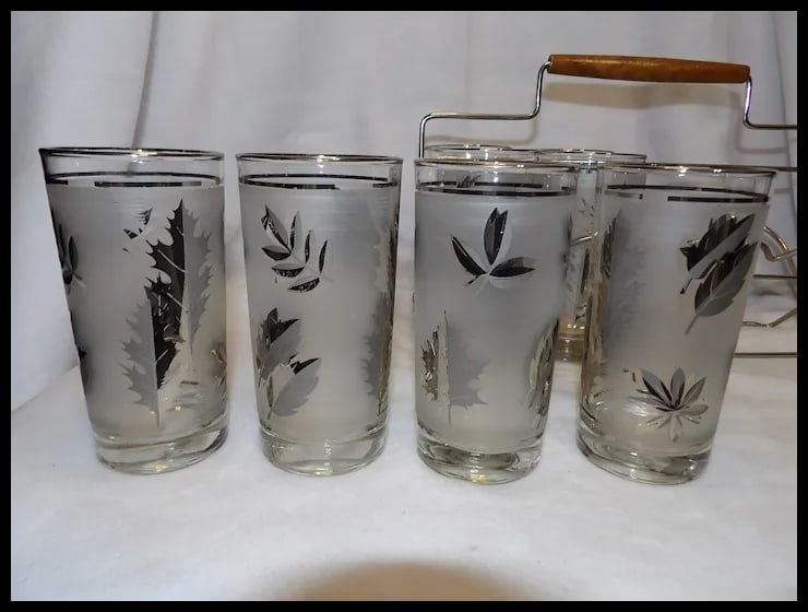 Libbey Mid-Century Silver Leaf Set of 8 Highball Glasses & Chrome Carrier With Wood Handle - 5