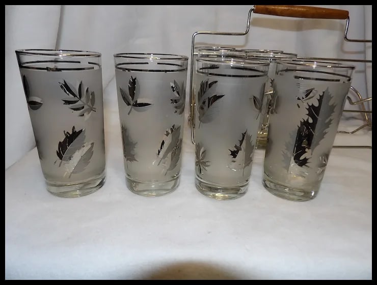 Libbey Mid-Century Silver Leaf Set of 8 Highball Glasses & Chrome Carrier With Wood Handle - 6