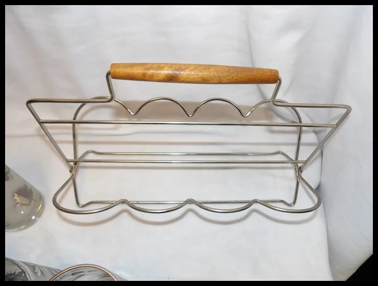 Libbey Mid-Century Silver Leaf Set of 8 Highball Glasses & Chrome Carrier With Wood Handle - 7