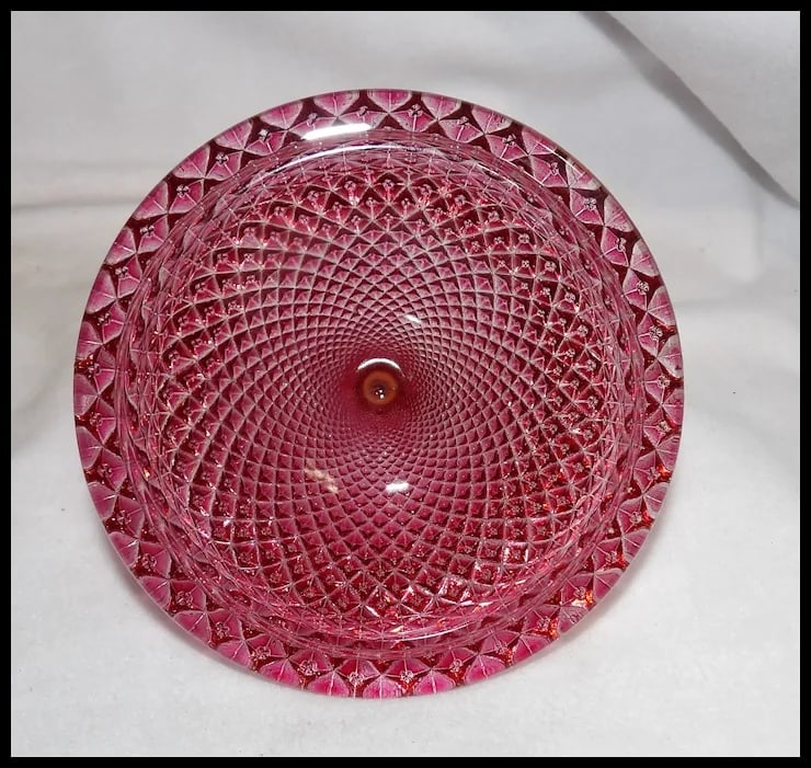Vintage Rainbow Hand Decorated Cranberry Flashed Candy Dish - 10
