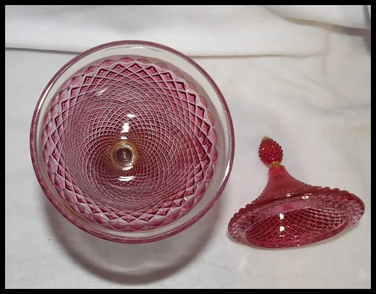 Vintage Rainbow Hand Decorated Cranberry Flashed Candy Dish - 11