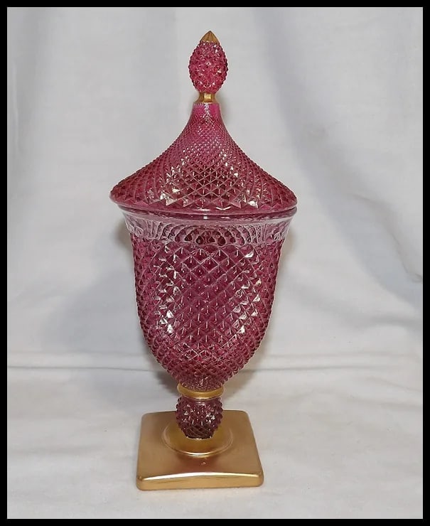 Vintage Rainbow Hand Decorated Cranberry Flashed Candy Dish - 14