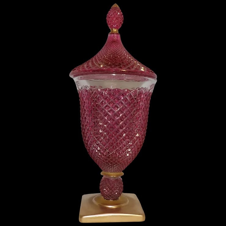 Vintage Rainbow Hand Decorated Cranberry Flashed Candy Dish