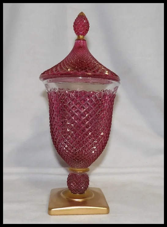 Vintage Rainbow Hand Decorated Cranberry Flashed Candy Dish - 2