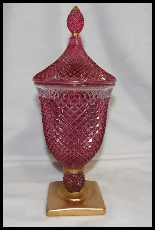 Vintage Rainbow Hand Decorated Cranberry Flashed Candy Dish - 4