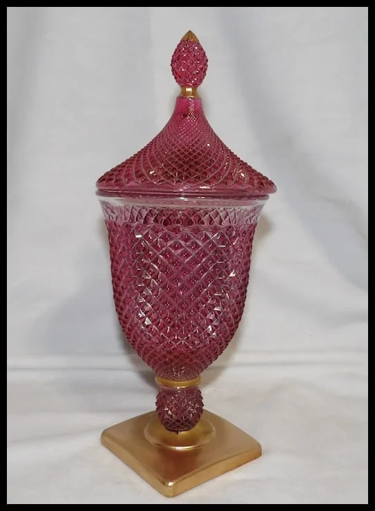 Vintage Rainbow Hand Decorated Cranberry Flashed Candy Dish - 5