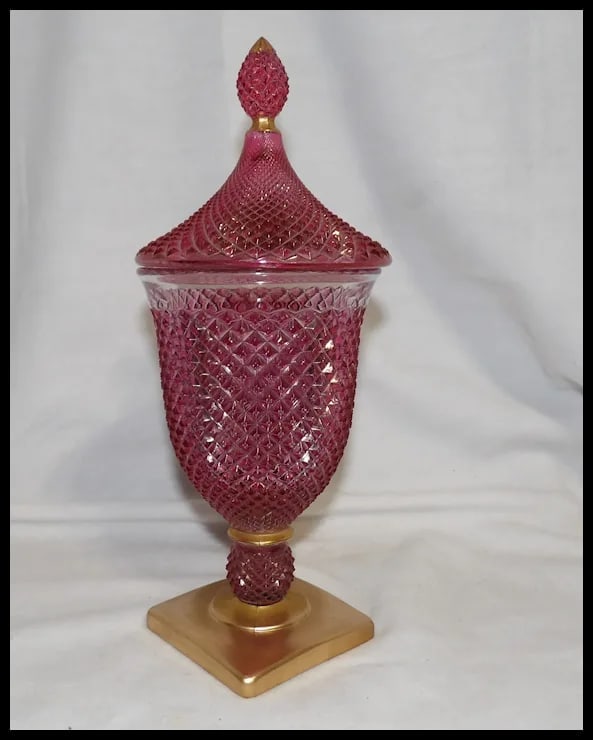 Vintage Rainbow Hand Decorated Cranberry Flashed Candy Dish - 7