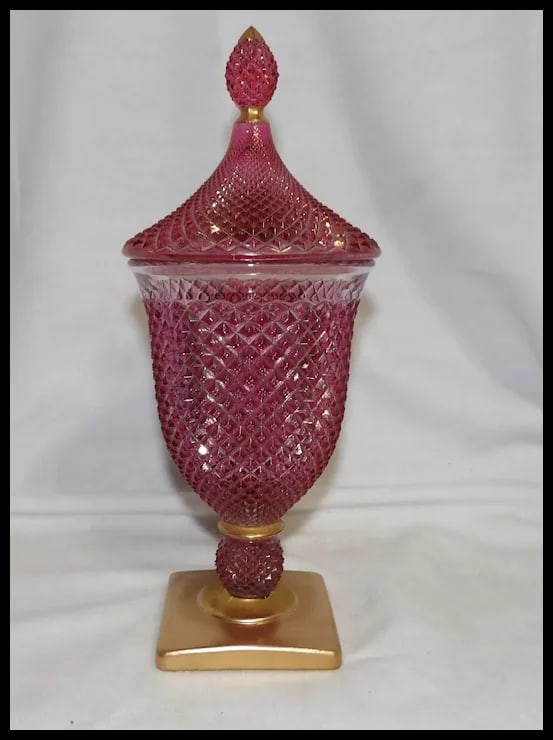 Vintage Rainbow Hand Decorated Cranberry Flashed Candy Dish - 8