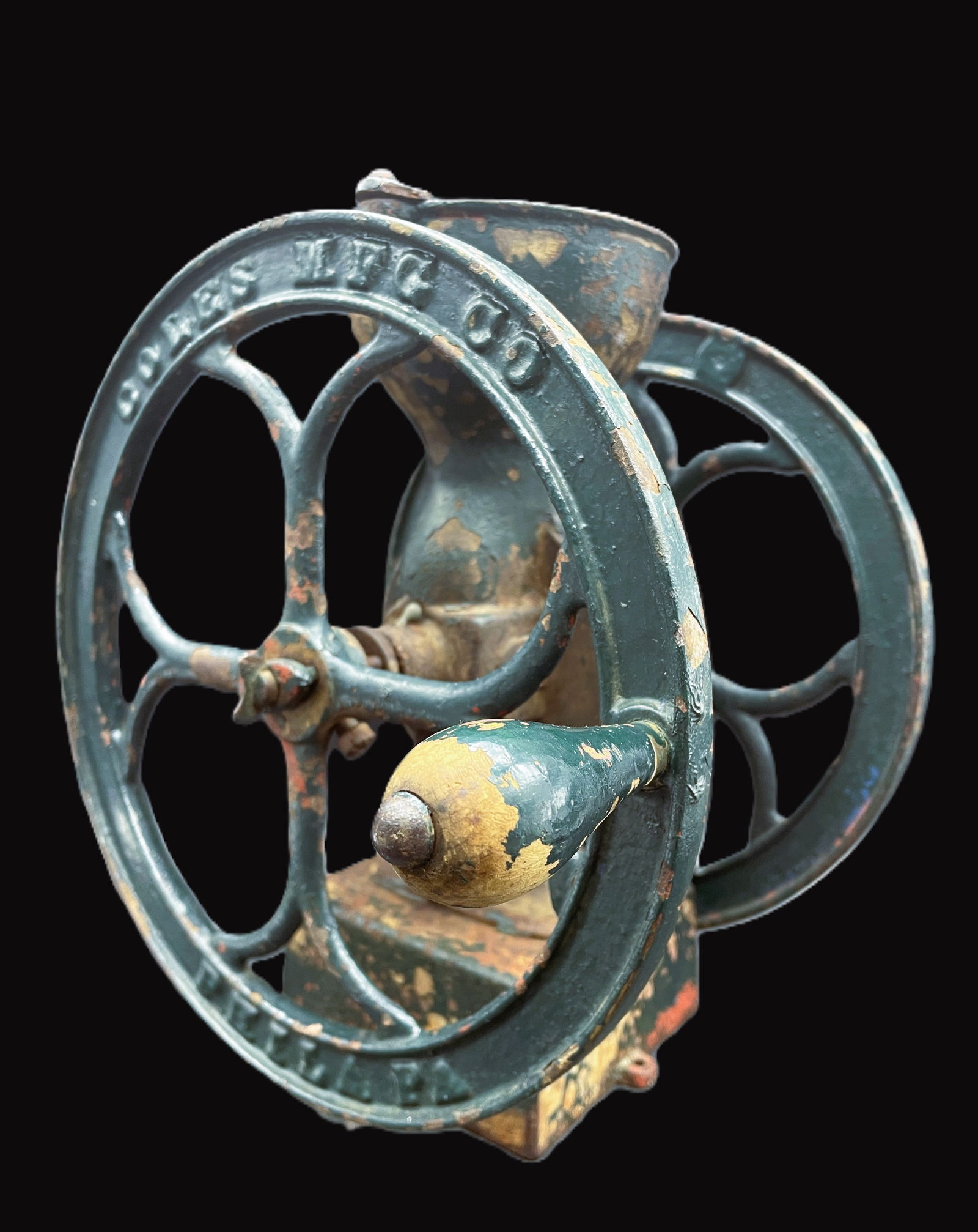 ANTIQUE COLES MFG. PHILA, 2 WHEEL SMALL COFFEE GRINDER: Date/Period: unknown Dimension: approx 11 x 10 x 10 Material: MIXED MATERIALS Additional Information: ANTIQUE COLES MFG. PHILA, 2 WHEEL SMALL COFFEE GRINDER Shipping: Domestic: Flat-rate of $30.00 to