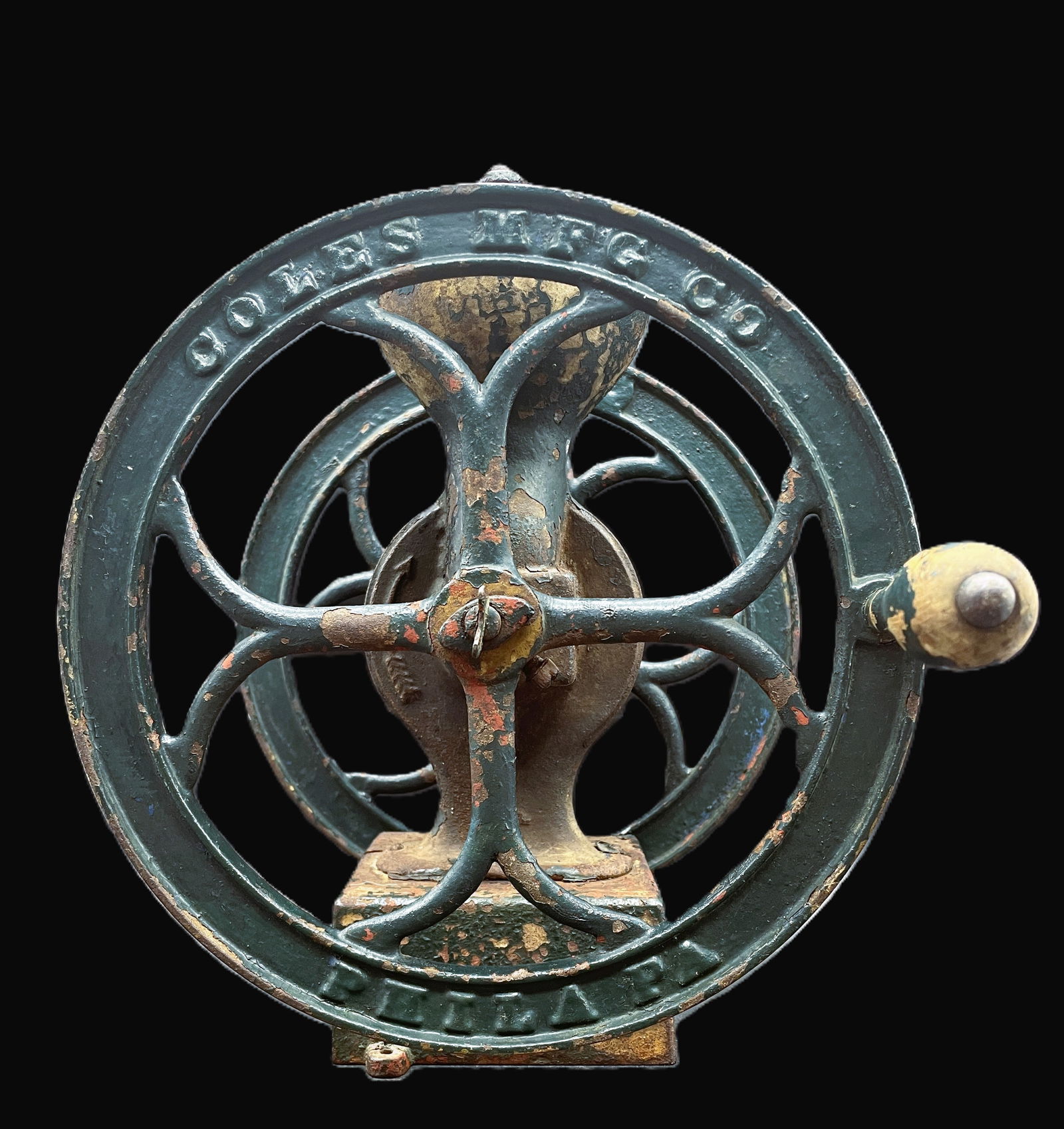 ANTIQUE COLES MFG. PHILA, 2 WHEEL SMALL COFFEE GRINDER - 2