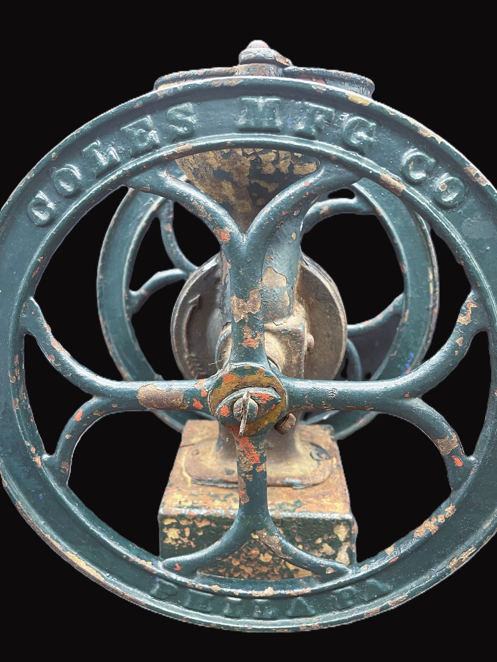 ANTIQUE COLES MFG. PHILA, 2 WHEEL SMALL COFFEE GRINDER - 3