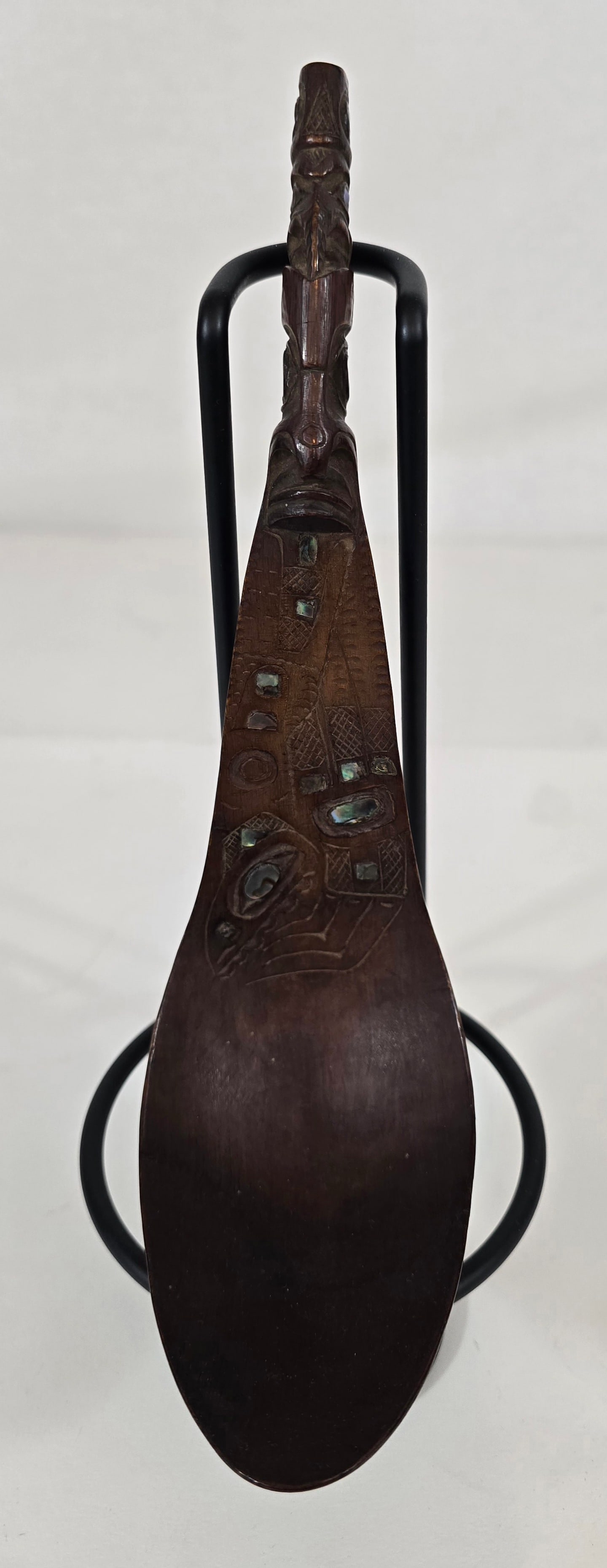 Haida carved horn spoon: Title: Haida carved horn spoon Dimension: 9" long x 2 5/8" wide Description: Wonderful early Haida carved 19thy century Mountain goat horn spoon with abalone shell inlay. Bird, whale and human represe