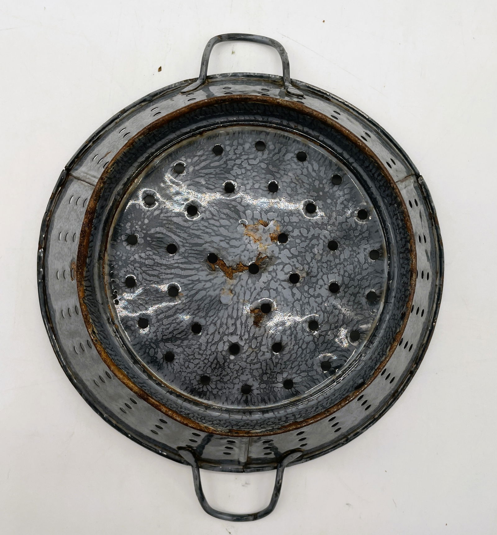 Vintage Old Enamelware Graniteware Gray Colander Strainer 2 Handled - 7