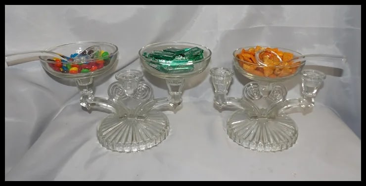 Jeanette Glass Cosmos Candelabra: Art Deco Style Triple Candle Holder with 3 Inserts - 6