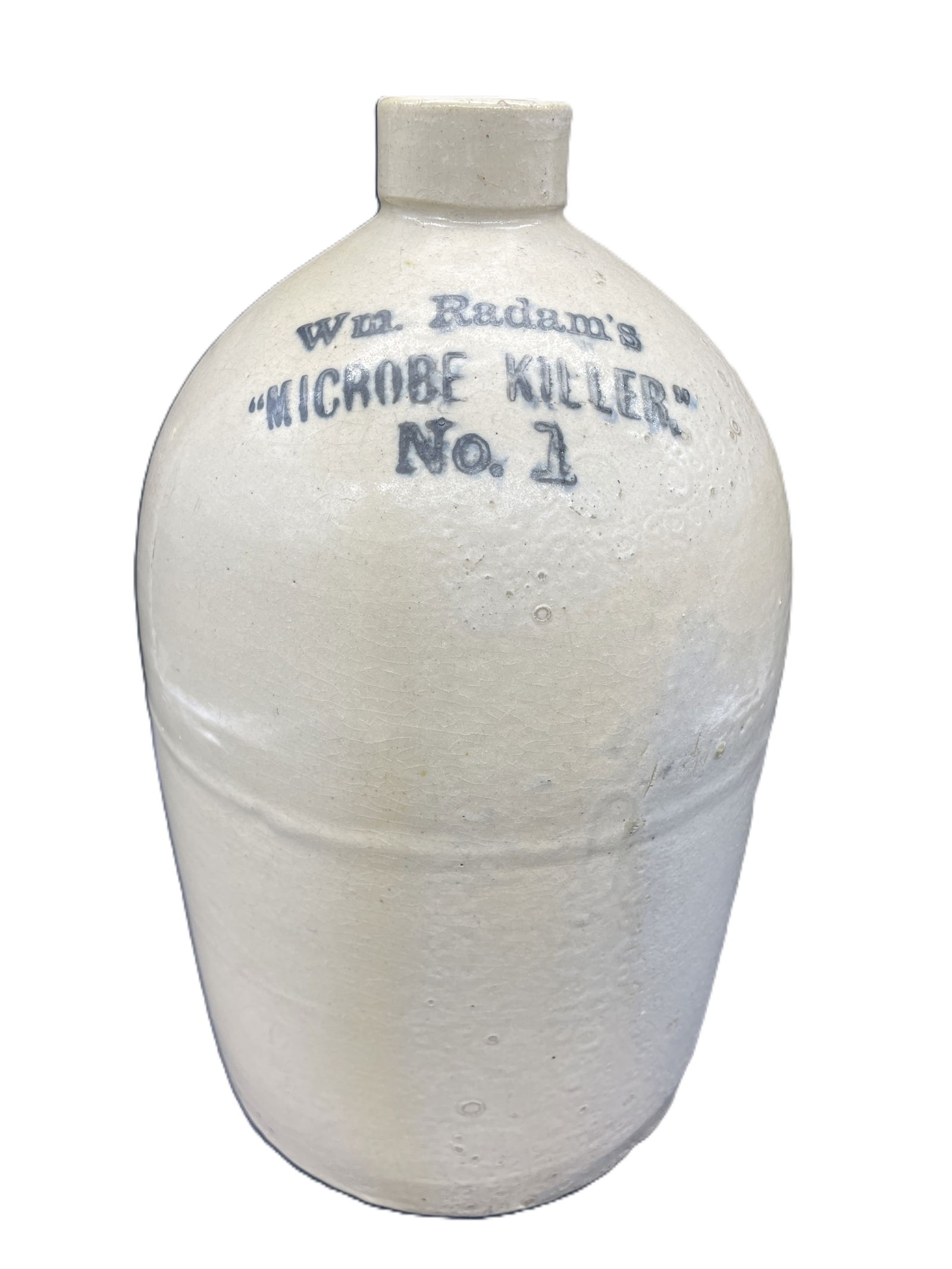 Antique Late 1800’s Stoneware Jug Wm Radam's Microbe Killer No. 1 Quackery Meds: Date/Period: Approx late 1800's to early 1900's Dimension: approximately 11 inches tall and 6 inches in diameter Material: Stoneware Additional Information: Antique William Wm. Radams Microbe Killer N