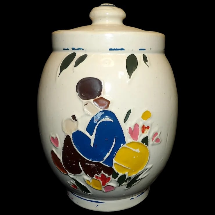 McCoy Dutch Boy Cold Painted Cookie Jar: This 1940’s McCoy Dutch Boy Cold Painted Cookie Jar is in good condition. No chips on raised design color is still good on design but poor on top and bottom stripes. The nice thing about this co