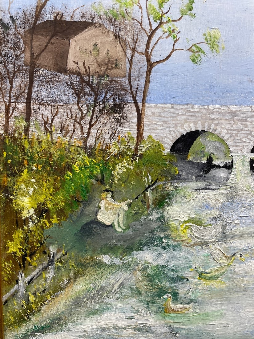 PA FOLK ART Stone Bridge PAINTING C. REINHOLD Primitive original oil - 2