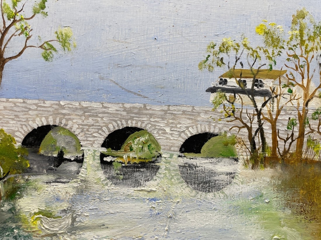 PA FOLK ART Stone Bridge PAINTING C. REINHOLD Primitive original oil - 3