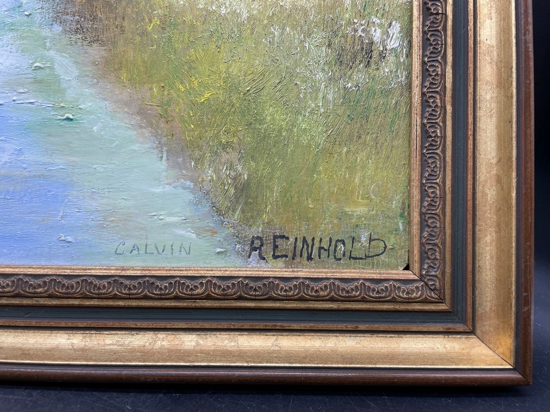PA FOLK ART Stone Bridge PAINTING C. REINHOLD Primitive original oil - 4