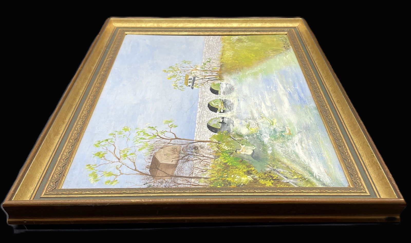 PA FOLK ART Stone Bridge PAINTING C. REINHOLD Primitive original oil - 6