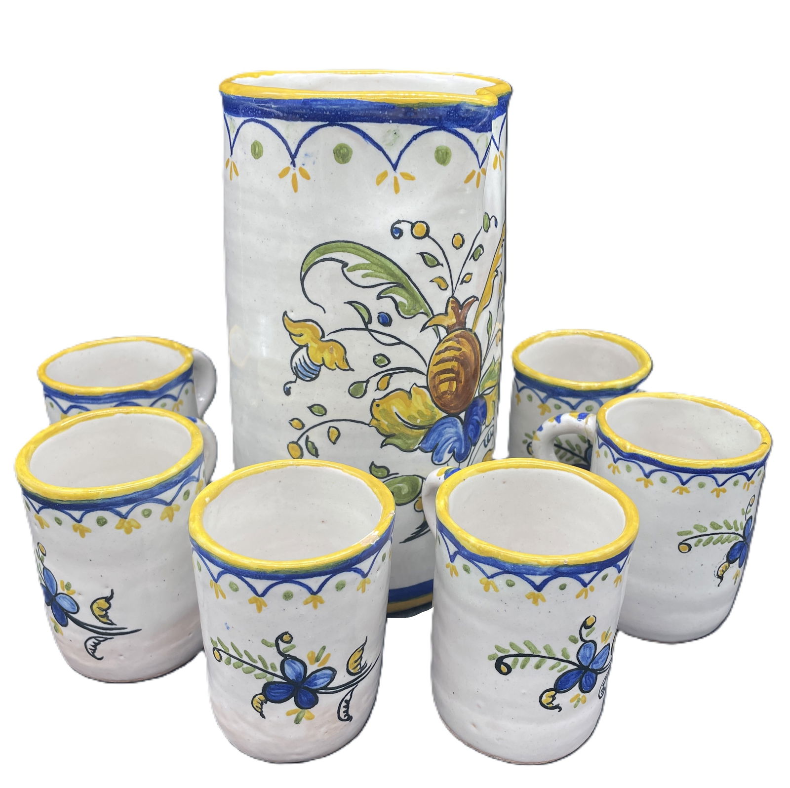 Beautiful Faience Pottery Pitcher Jug 6 Cups Signed Art Pottery