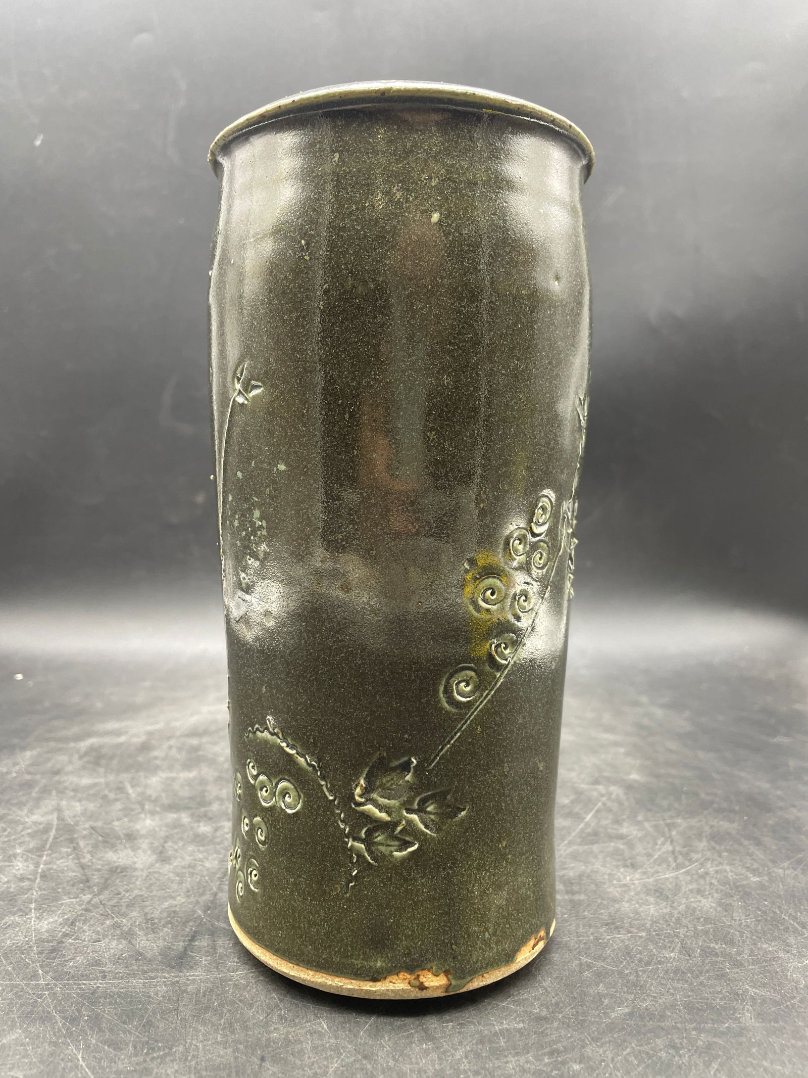 8.5" Signed Japanese or Asian Pottery Vase, Abstract Design - 3