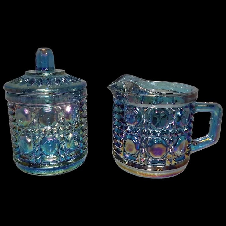Indiana Glass Windsor Blue Carnival Glass Sugar and Creamer