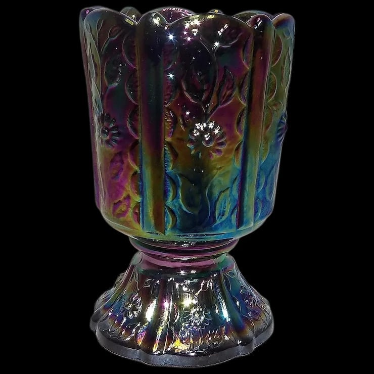 Fenton Amethyst Paneled Daisy Carnival Glass Toothpick Holder: This Fenton Amethyst Paneled Daisy Carnival Glass Toothpick Holder is in near MINT condition-never used. Backstamp puts this items production to the 1970’s. It measures 3 ½” x 2 ¼