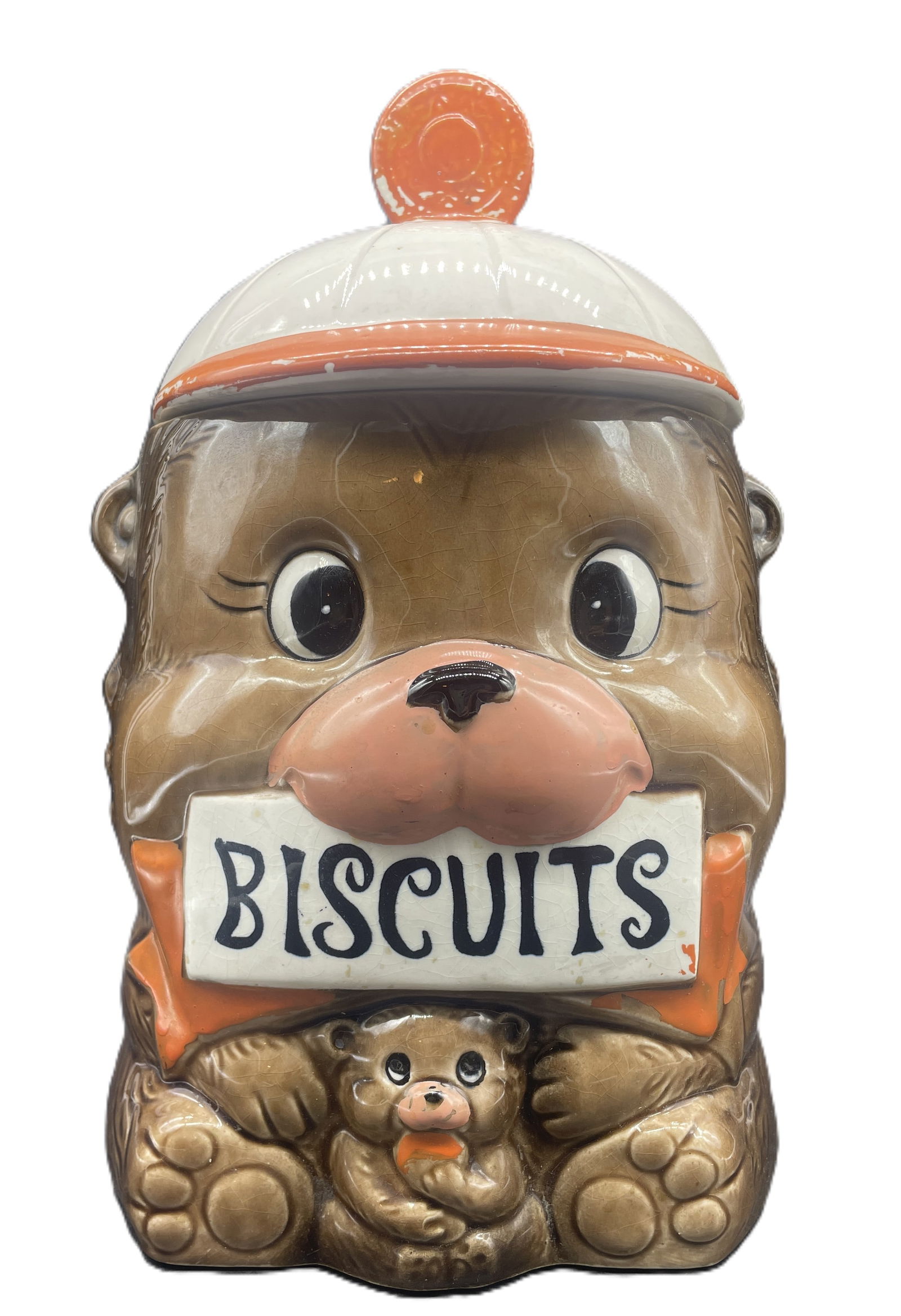 Vintage Ceramic Bear with Cub Cookie Jar "Biscuits " Made In Japan Rare: Date/Period: Approx 1950's Dimension: Approx. 11" x 6.5" x 6" Material: ceramic Additional Information: Vintage Ceramic Bear with Cub Biscuits Cookie Jar Made In Japan Rare Shipping: Domestic: Flat-ra