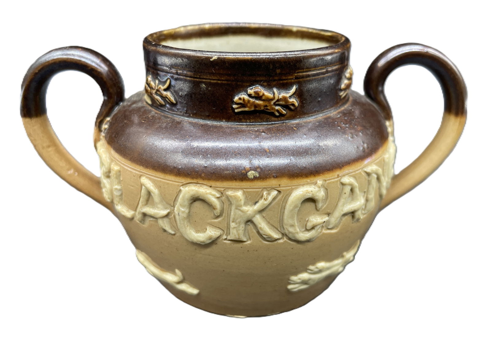 RARE ROYAL DOULTON BLACKGANG STONEWARE JUG 4276 England: Date/Period: unknown Dimension: Approx. 3 x 4.5" Material: pottery Additional Information: DECORATED IN RELIEF AND WITH THE WORD "BLACKGANG" DOULTON IMPRESSED MARK TO BASE Shipping: Domestic: Flat-rat