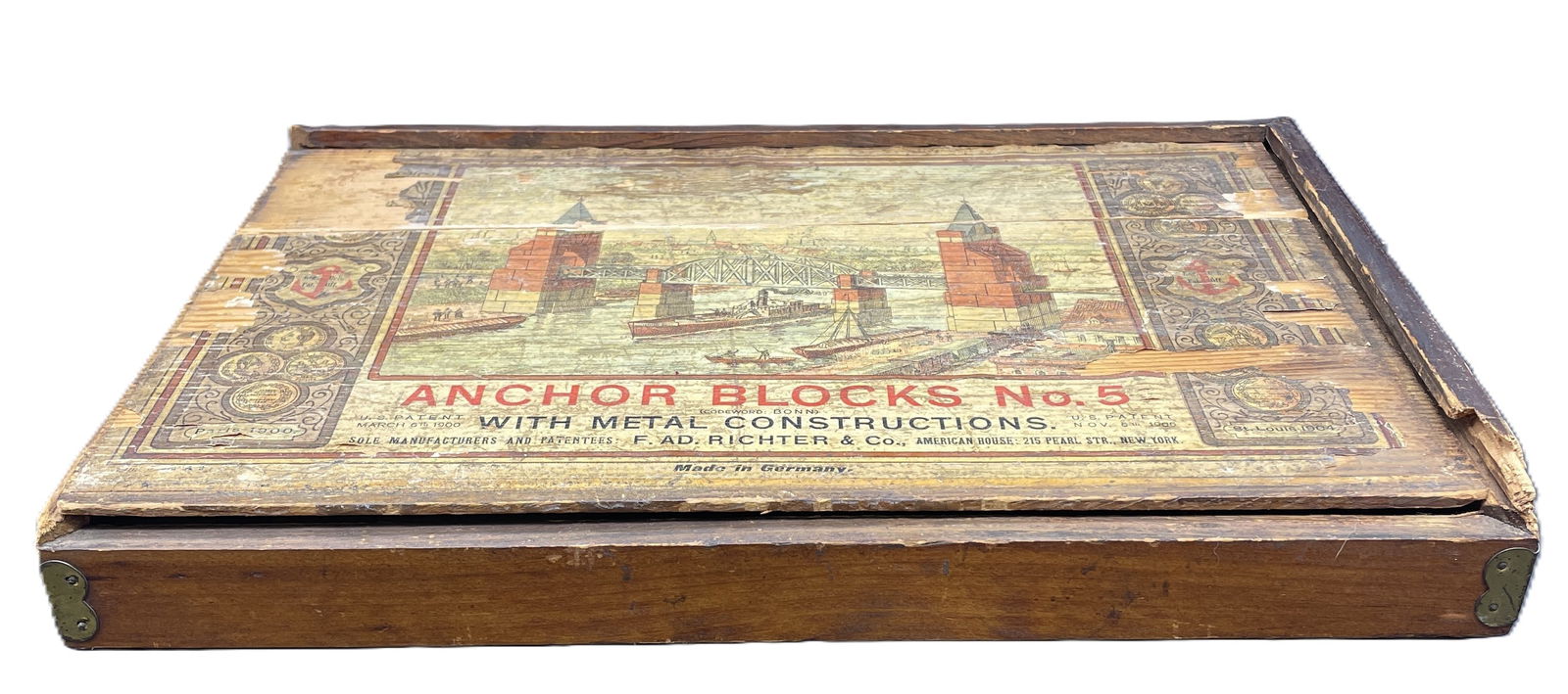 Antique German Richters Anchor 5 Bridges Stone Building Blocks Wood Box Brochure - 2