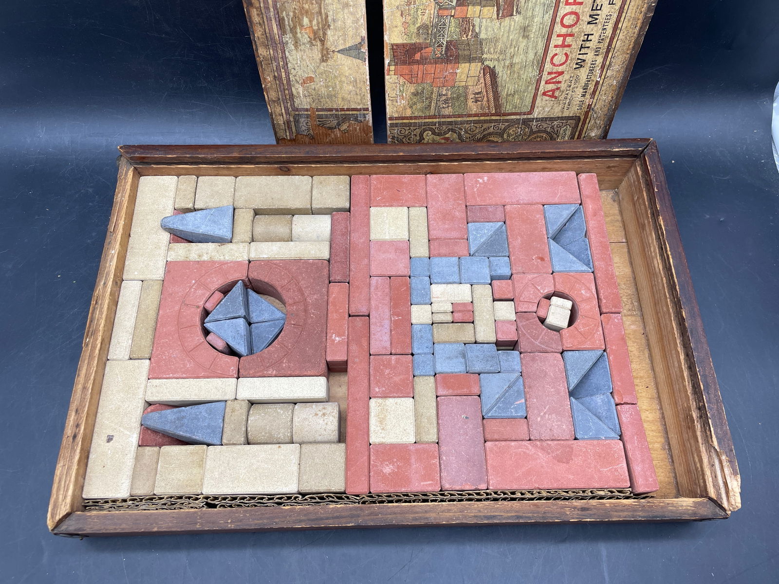 Antique German Richters Anchor 5 Bridges Stone Building Blocks Wood Box Brochure - 3