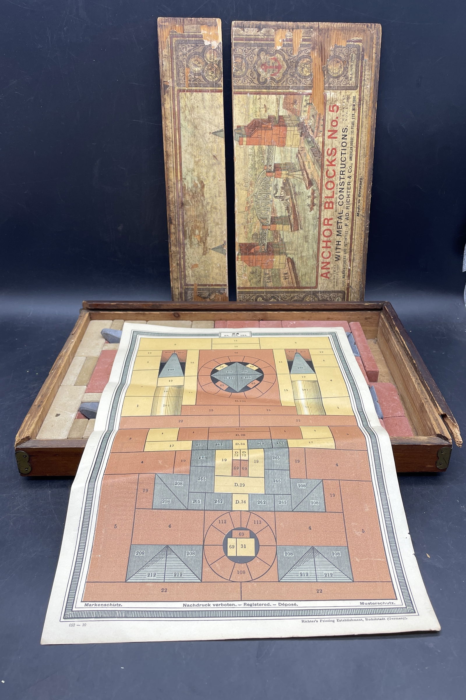 Antique German Richters Anchor 5 Bridges Stone Building Blocks Wood Box Brochure - 4