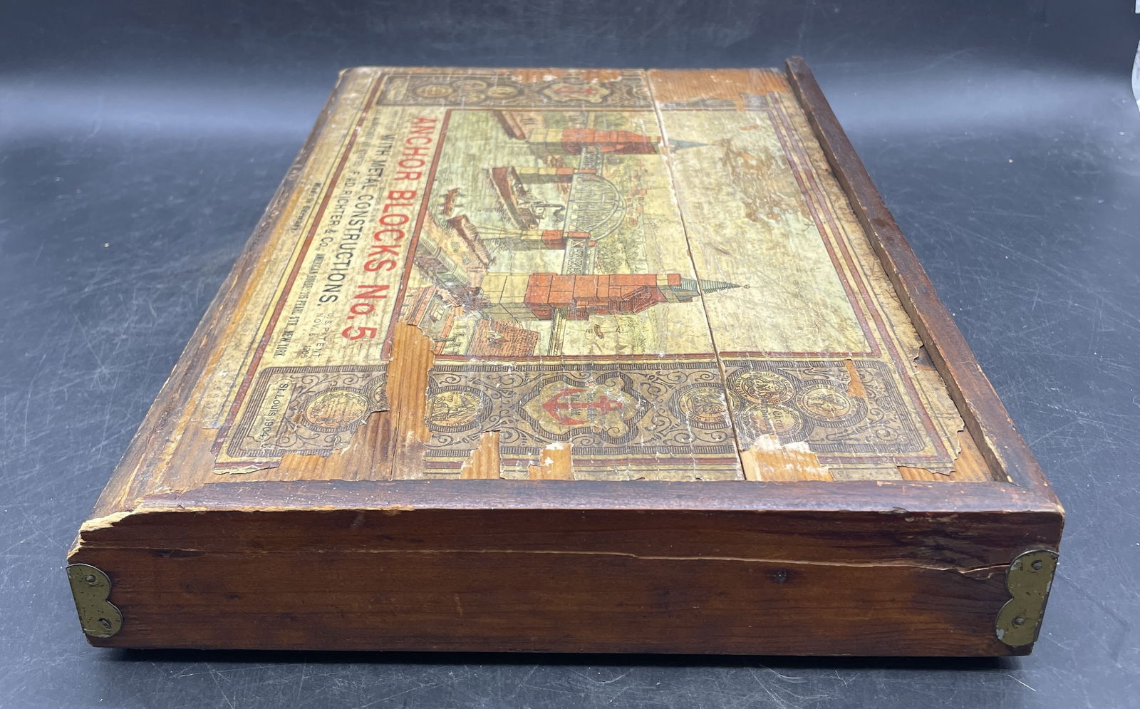 Antique German Richters Anchor 5 Bridges Stone Building Blocks Wood Box Brochure - 6