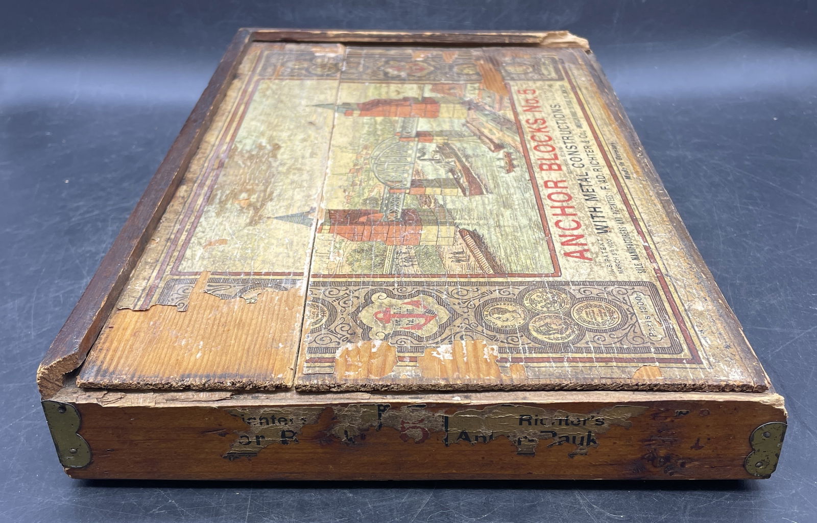 Antique German Richters Anchor 5 Bridges Stone Building Blocks Wood Box Brochure - 8