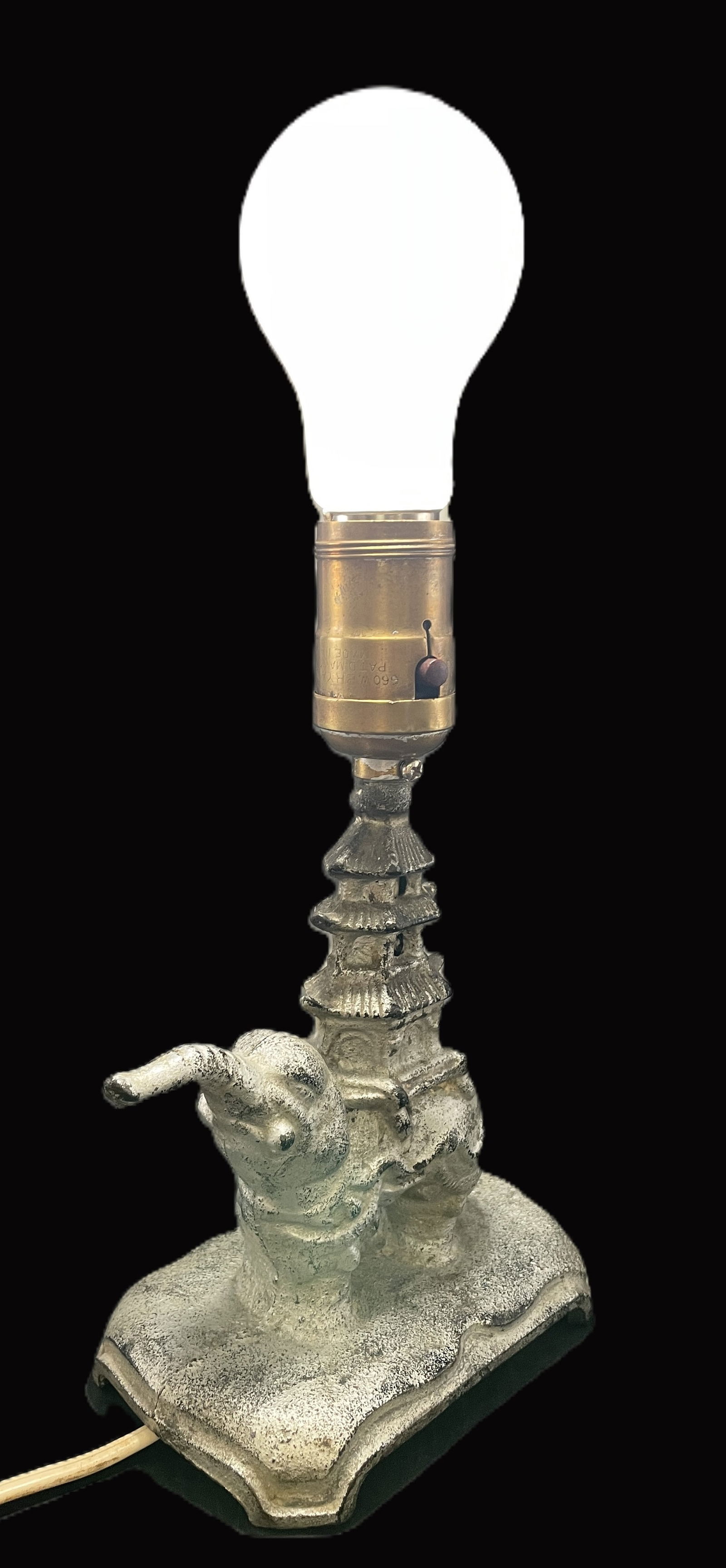 Cast Iron Art Deco Nouveau Arts & Craft Elephant Pagoda Lamp: Date/Period: approx 1930's Dimension: 8" tall to top of lamp (no bulb) Material: cast iron Additional Information: The product is a unique and decorative Cast Iron Art Deco Nouveau Arts & Craft Elepha