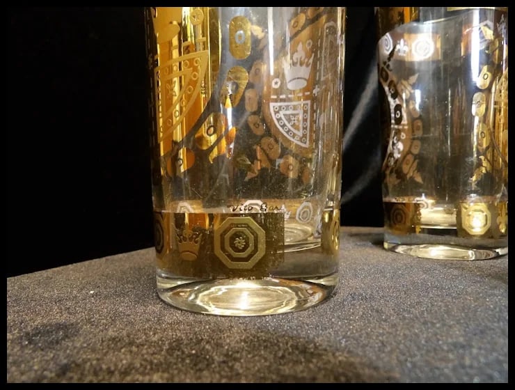 Signed Vito Bari 6 Gold Crest 22kt Gold Leaf Highball Glasses with Ice Bucket and Stand - 10