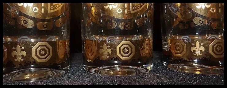 Signed Vito Bari 6 Gold Crest 22kt Gold Leaf Highball Glasses with Ice Bucket and Stand - 11