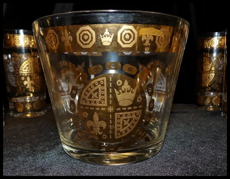 Signed Vito Bari 6 Gold Crest 22kt Gold Leaf Highball Glasses with Ice Bucket and Stand - 14