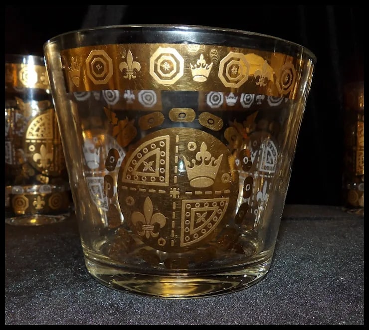 Signed Vito Bari 6 Gold Crest 22kt Gold Leaf Highball Glasses with Ice Bucket and Stand - 15