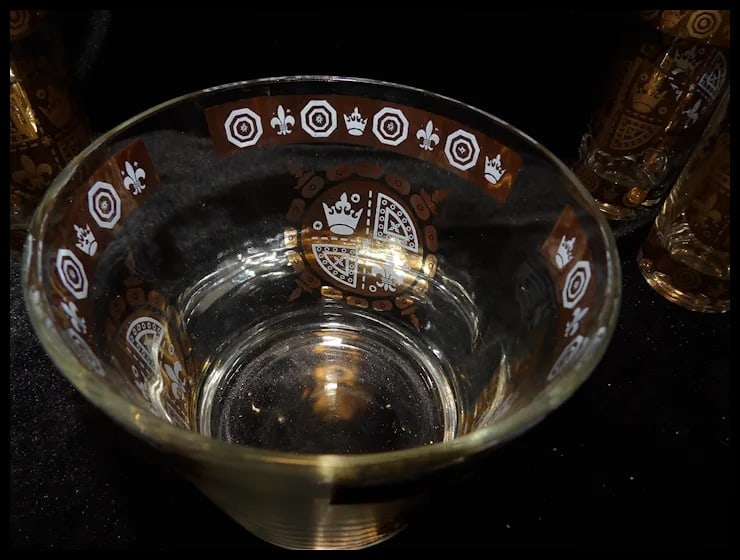 Signed Vito Bari 6 Gold Crest 22kt Gold Leaf Highball Glasses with Ice Bucket and Stand - 16