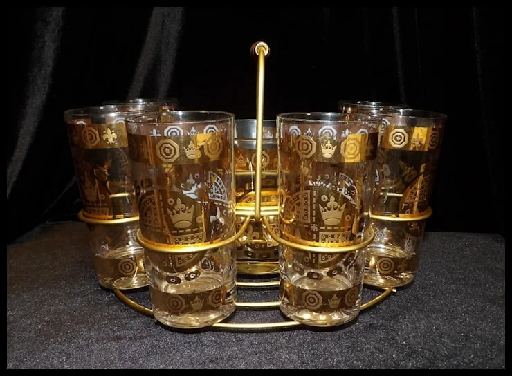 Signed Vito Bari 6 Gold Crest 22kt Gold Leaf Highball Glasses with Ice Bucket and Stand - 2