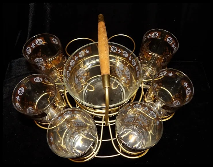 Signed Vito Bari 6 Gold Crest 22kt Gold Leaf Highball Glasses with Ice Bucket and Stand - 3