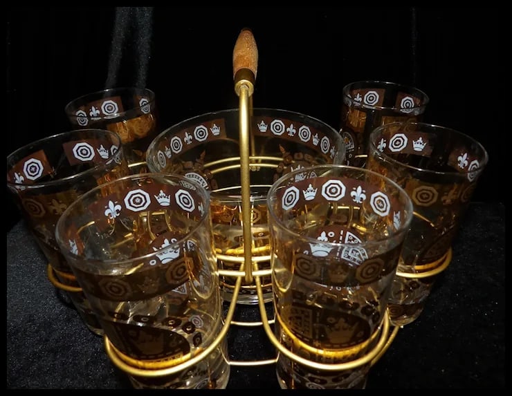 Signed Vito Bari 6 Gold Crest 22kt Gold Leaf Highball Glasses with Ice Bucket and Stand - 4