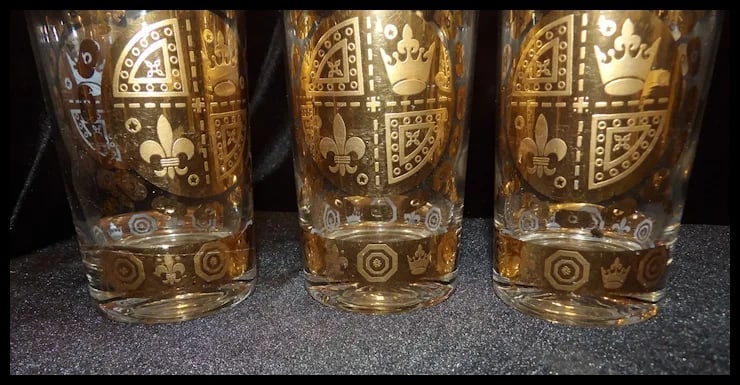 Signed Vito Bari 6 Gold Crest 22kt Gold Leaf Highball Glasses with Ice Bucket and Stand - 7