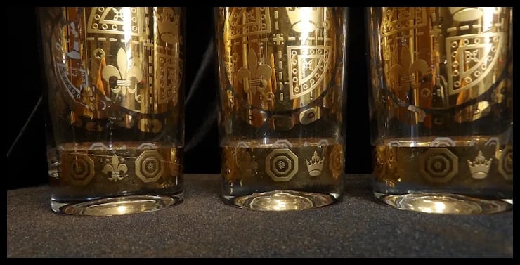 Signed Vito Bari 6 Gold Crest 22kt Gold Leaf Highball Glasses with Ice Bucket and Stand - 8