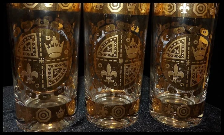 Signed Vito Bari 6 Gold Crest 22kt Gold Leaf Highball Glasses with Ice Bucket and Stand - 9